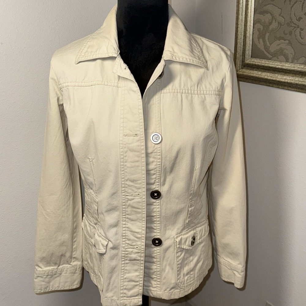 French Cuff Sz S 100% Cotton utility light tan khaki buttoned down jacket blazer